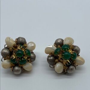 Alice Caviness Floral Cluster Earrings with Green and Cream Bead Clip Ons